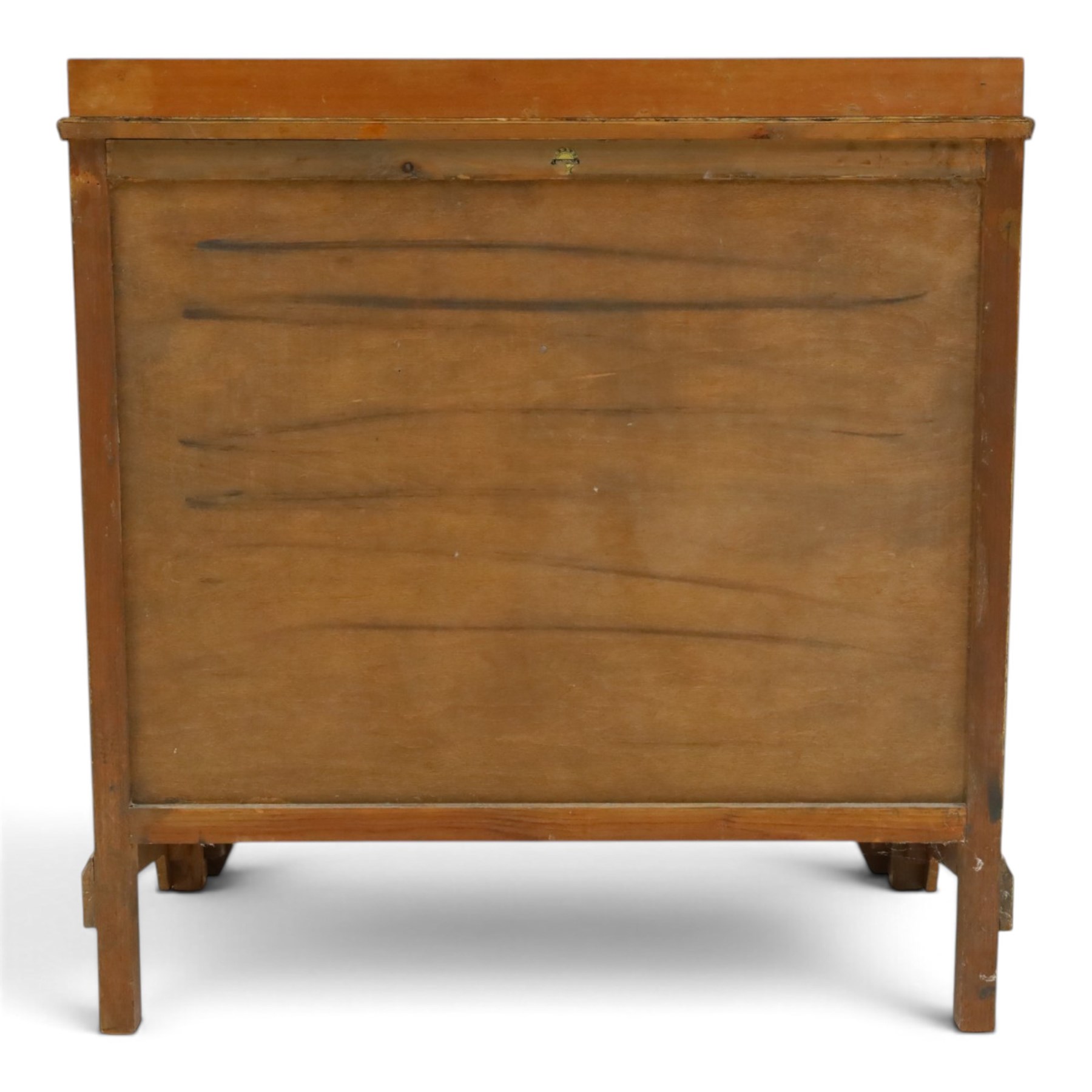 Art Deco figured and burr walnut chest, raised back over rectangular top, fitted with two short over two long drawers with decorative veneer and handles, on shaped bracket feet