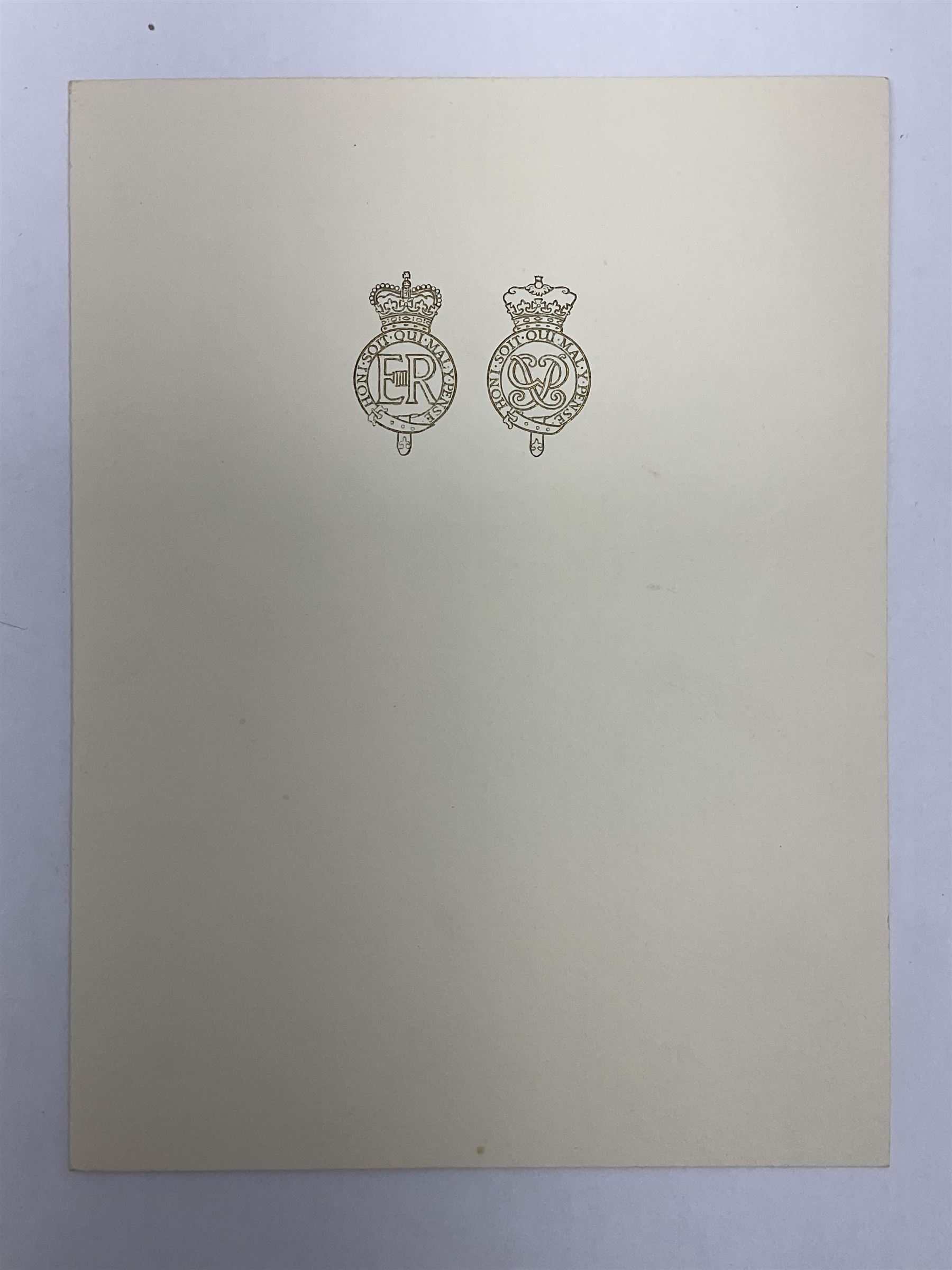 HM Queen Elizabeth II and HRH the Duke of Edinburgh, 1967 Christmas card with two gilt cyphers to front, tipped-in colour print of the Royal Family standing under an archway in Buckingham Palace, signed Elizabeth R and Philip with manuscript date 1967 below