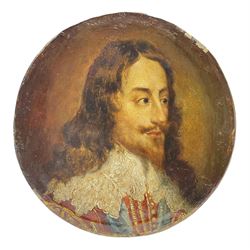 After Anthony Van Dyck (Dutch 1599-1641): Charles l - head and shoulders portrait, 17th/18th century circular oil on canvas laid on 19th century mahogany panel unsigned 15cm 