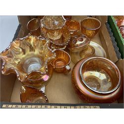 Collection of orange carnival glass, including jugs, dishes, vases etc, in two boxes 