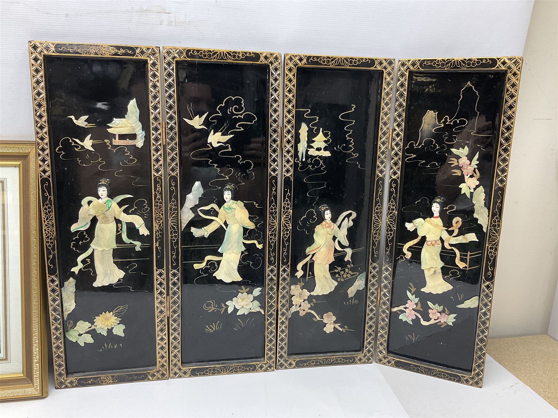 Soapstone table lamp, with carved floral stem, together with three other table lamps, metal candelabra and candlestick, Charles Burton Barber framed print and a Chinese table screen etc 