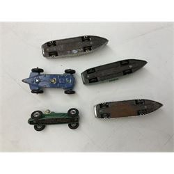 Dinky - fourteen early unboxed and playworn die-cast racing cars including four Thunderbolt Land Speed Record cars, Connaught No.236, Cooper-Bristol No.233, Talbot Lago No.23H, Mercedes Benz, two Speed of the Wind, Ferrari etc