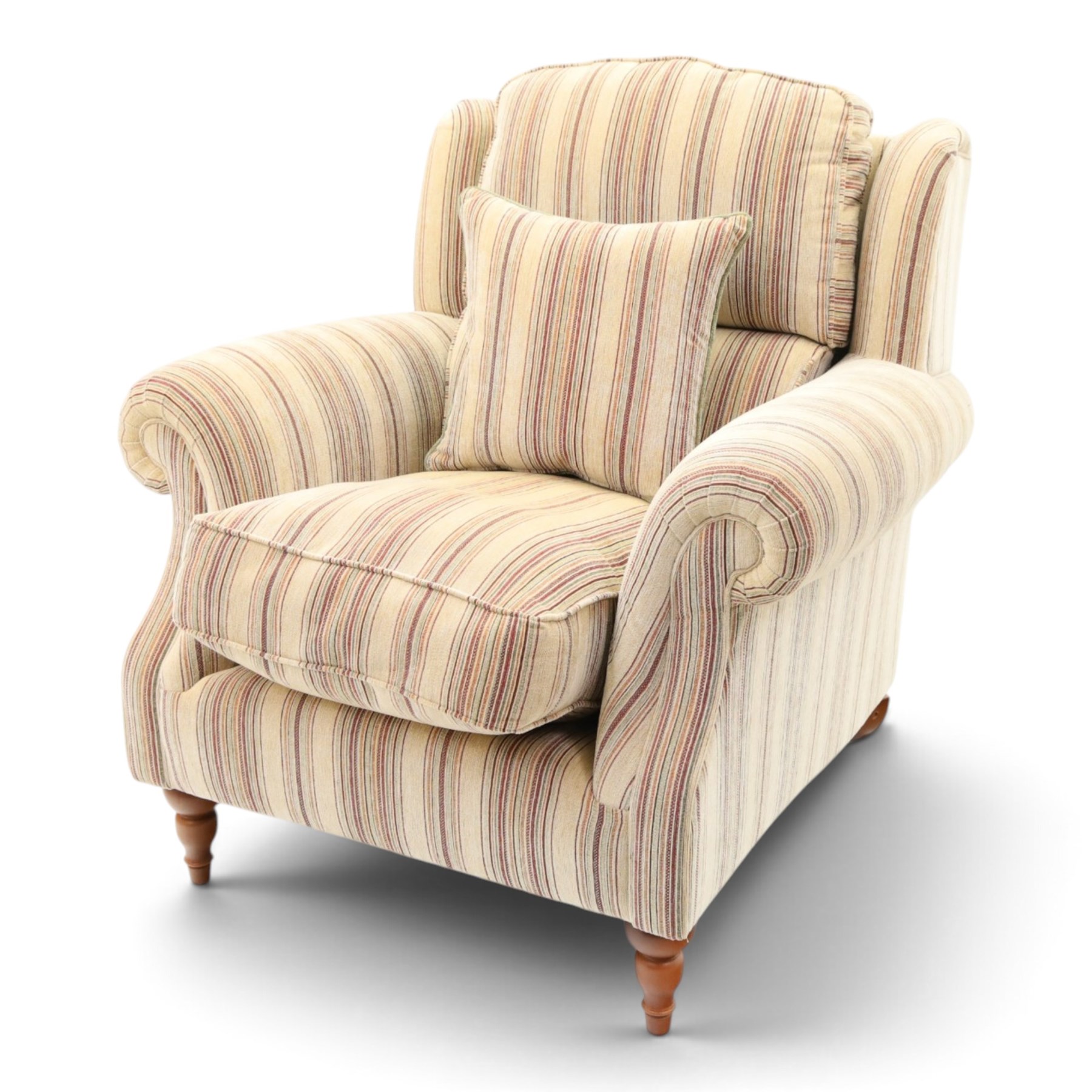 Parker Knoll - contemporary 'Henley' lounge suite comprising grande two seat sofa and wingback armchair, traditional wing shape over rolled arms and turned feet, upholstered in striped fabric