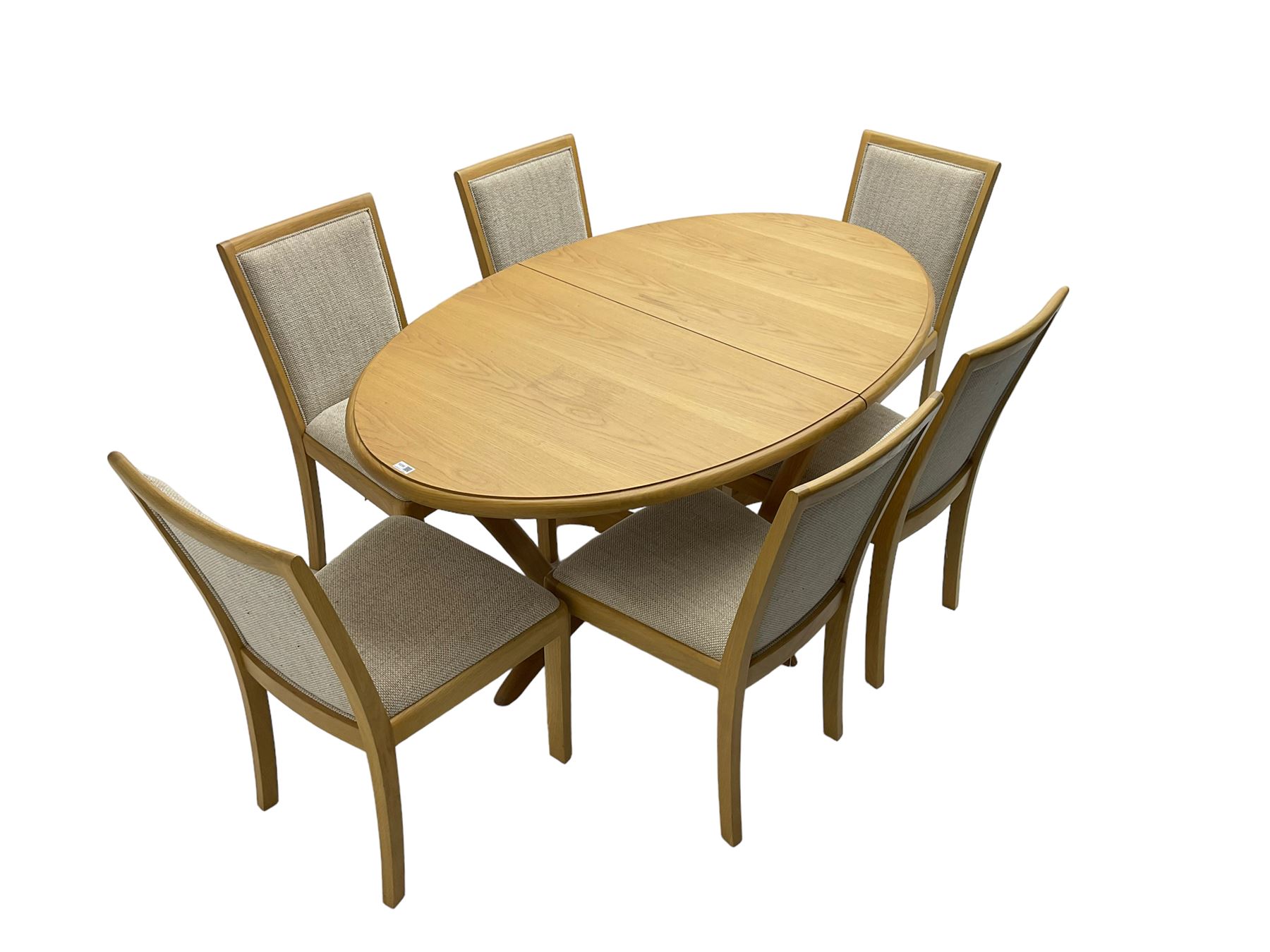 Contemporary light oak oval extending dining table, shaped Xframe base