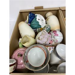 Royal Worcester tea cup and saucer, Royal Doulton Christmas Day 2001 figure and a collection of other ceramics, glassware and collectables, in five boxes 