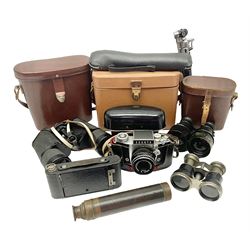 No2 folding autographic brownie, Exakta Varex IIb camera, brass three draw telescope, H.H. Son Ltd binoculars, Carl Zeiss Jena Jenoptem 7x50W binoculars etc