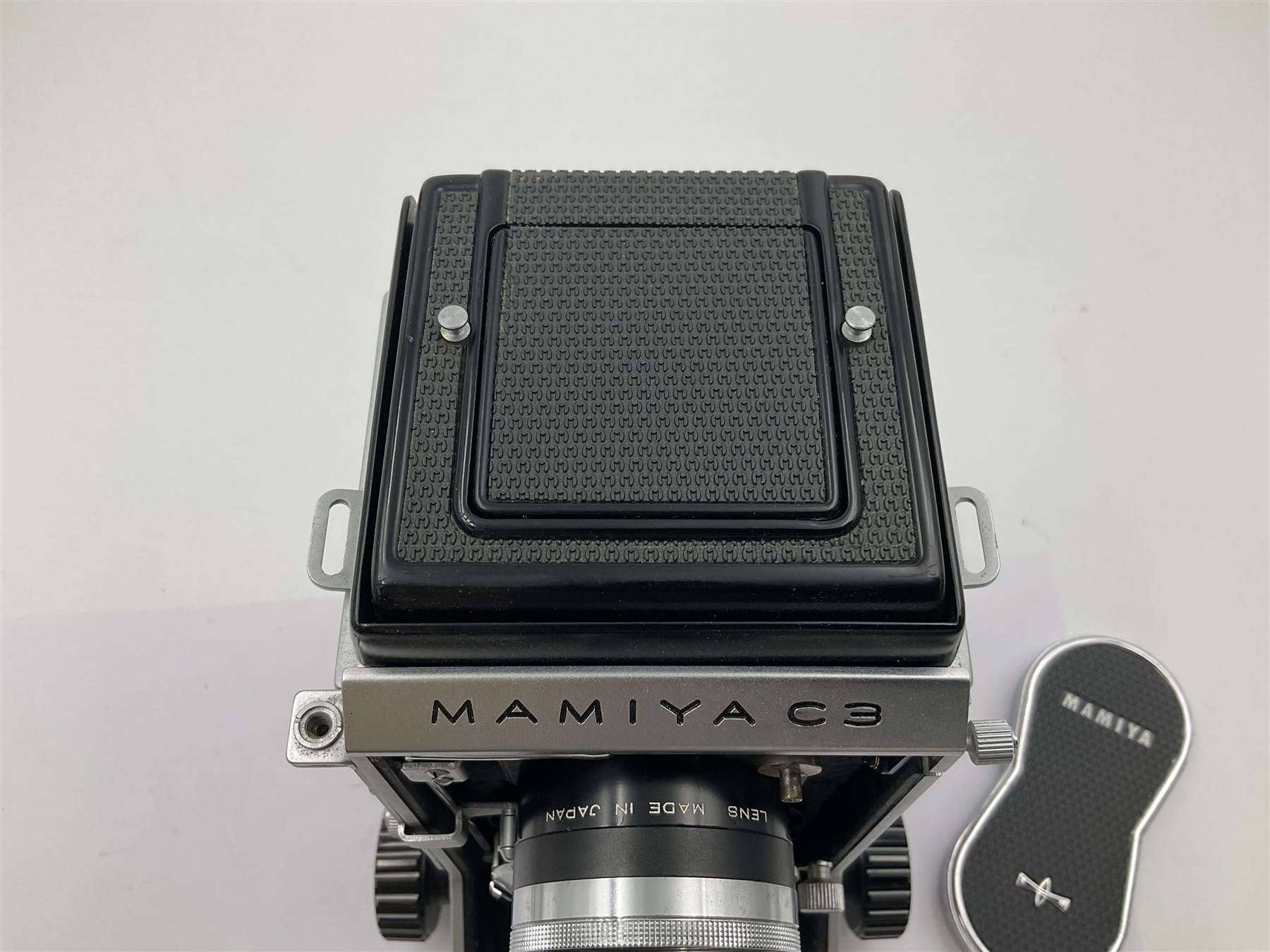 Mamiyaflex C3 TLR camera body, serial no. 215034, with 'Mamiya Sekor 1:2.8 f80mm' lens serial no. 765932