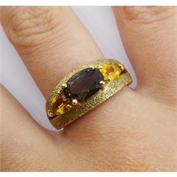 9ct gold three stone oval smoky quartz and pear shaped citrine ring, hallmarked