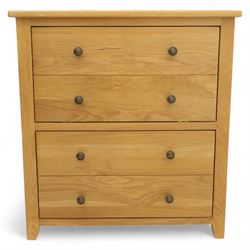 Modern oak effect shoe cabinet, plain rectangular top over two fall-front drawers with metal drop handles, framed sides and block supports