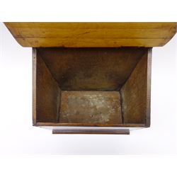 George III oak candle box, the shaped raised back above a sloped hinged lid and plain front with applied lower mould, H41cm W25cm D15.5cm