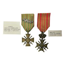 WWI French 1914-1916 Croix de Guerre with MID leaf and ribbon; and WWI Belgian 1914-1918 Croix de Guerre with ribbon (2)
