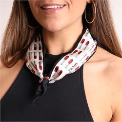 Prada - silk twill skinny scarf, decorated with repeating lipstick motif in red, pink and ...