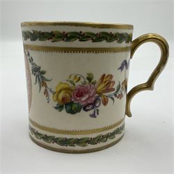 Sèvres soft paste porcelain coffee can and saucer with date code for 1780, painted with pink oval panels bordering bouquets of flowers, united by swags of flowers tied with purple ribbons, within laurel leaf borders, interlaced LL monogram enclosing date letters CC above painters marks for Nicquet, coffee can H7.5cm, saucer D15cm
