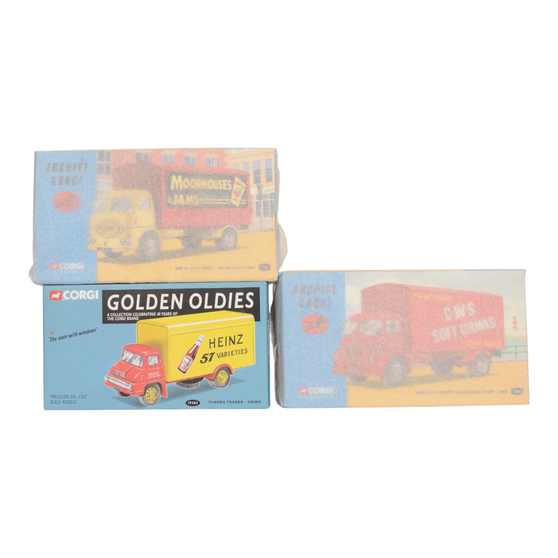 Twelve Corgi Golden Oldies 40th Anniversary Edition diescast models, including 19302 Bedford S Weetabix, 05601 Bedford CA Kodak, 19303 Thames Trader Heinz, 30301 Thames Trader Slumberland, 19301 Bedford S Lyons, 30302 Thames Trader Ever Ready and 30303 Bedford S Spratts, together with five Corgi Archive diecast models, all boxed (17)