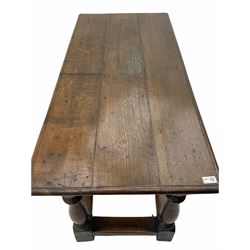 18th century style oak hall table, rectangular moulded top over foliate lunette carved frieze, on turned supports joined by stretchers 