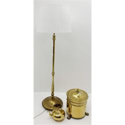 19th/ early 20th century cylindrical brass coal bin and cover on three lion paw feet, H40cm, brass kettle and a brass standard lamp with shade 