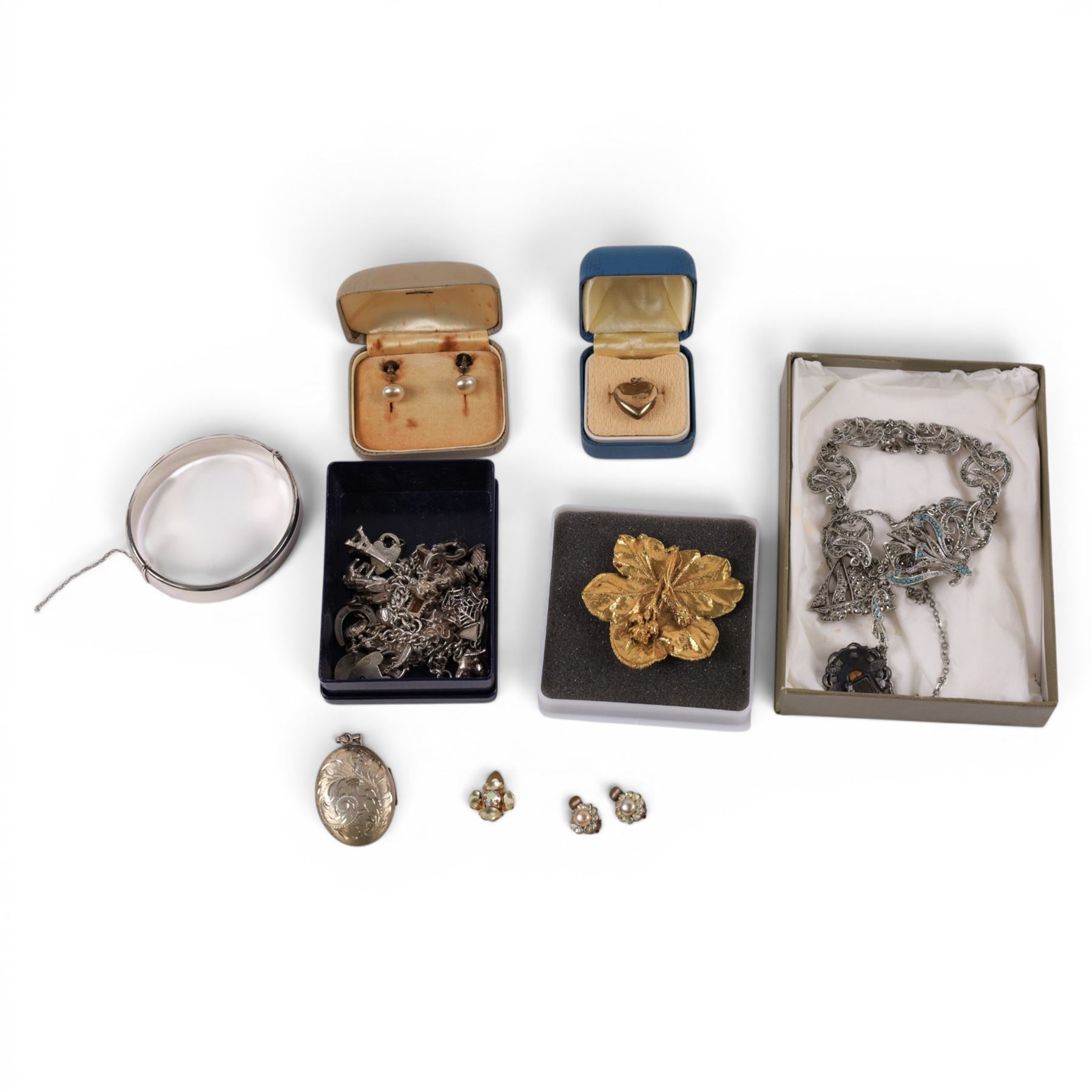 Silver charm bracelet, bangle and locket, 9ct gold back and front heart locket and a collection of costume jewellery