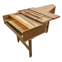 1970s Knowles oak cased harpsichord dated 1974 with 31-key ebonised keyboard, plain square legs and stretcher W88cm L172cm H84cm