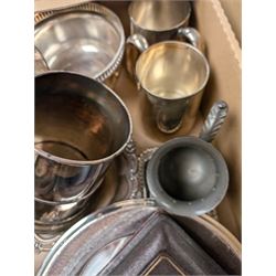 Silver plated items, including coffee pot with bone finial, set of six cased teaspoons and sugar tongs, twin handled cup, tankards, bottle coasters and sauce boat, together with pewter tankard and other metal ware