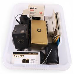 Cameras and accessories, including two Hanimex IC1000, Goldline CL100, Vivitar 3500 flash, Brownie box camera, Cosina 35-200mm lens, etc