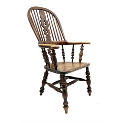 19th century elm and ash Yorkshire Windsor chair, high comb back with pierced and fretwork splat, turned supports joined by double H-stretcher