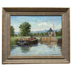 Trevor Shoesmith (British 1944-2011): River Landscape with Boat and Sluice, oil on board signed 29cm x 37cm