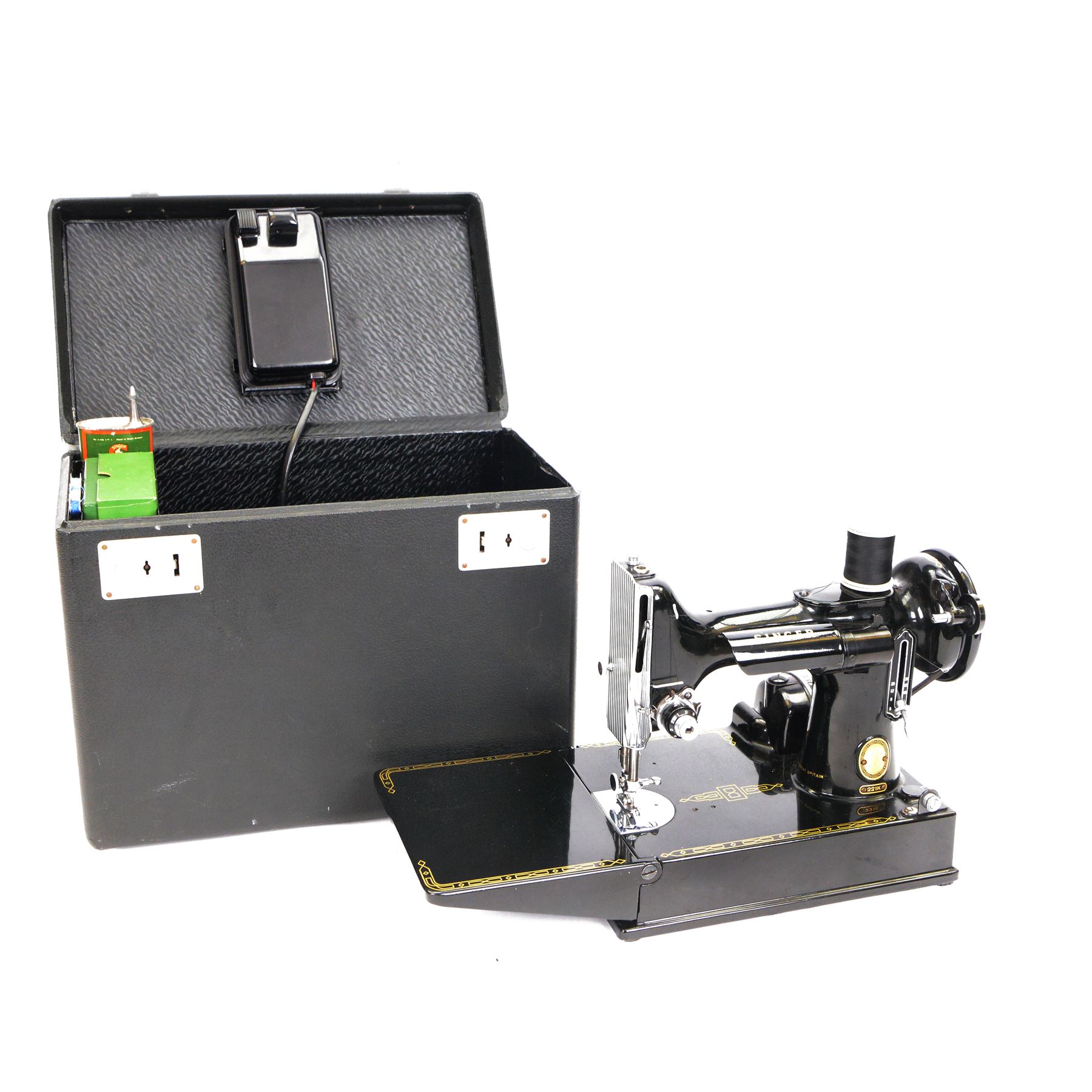 Singer 221K electric sewing machine, with case and accessories