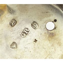 19th century silver pair cased verge fusee pocket watch by John Roberts, London, No. 9388, round pillars, pierced and engraved balance cock decorated with a mask, silver champleve dial depicting a nude female standing on a bridge amongst the stars, wandering hour dial with Arabic five minute markers and single hand, bull's eye glass, case by George Richards London 1832