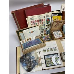Great British and World stamps including Australia, Canada, Ceylon, Germany, India, Iraq, Italy, Netherlands, Thailand etc, Queen Victoria and later Great British stamps, various Queen Elizabeth II mint stamps including miniature sheets etc, in various albums and loose and a small number of coins, in one box