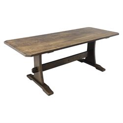 Acorn Industries - country oak kitchen or dining table, rectangular top with canted corners, shaped pedestals with joining pegged stretcher, Acornman signature