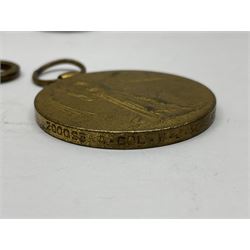 WW1 group of three medals comprising 1914-15 Star awarded to L-Cpl. W.J. Horspool R.War.R., British War Medal and Victory Medal awarded to A. Cpl. W.J. Horspool R.War.R.; WW1 British War Medal awarded to 3-8755 W.O.Cl.2. S. Paterson North'd Fus.; and hallmarked silver and enamel Northumberland Football Association Junior Cup Runners Up fob 1921-22 on silver chain (5)