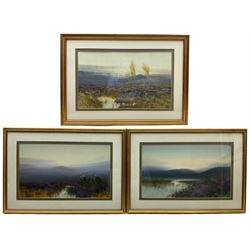Herbert Tomlinson (British fl.1905-1935): Moorland Scenes at Dusk, set of three gouache paintings two signed 28cm x 47cm (3)