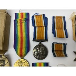 WWI pair of medals comprising British War Medal and Victory Medal awarded to 32682 Pte. W. Meadows W. Rid. R. in issue box; WWI pair of medals comprising 1914-15 Star and Victory Medal awarded to 3720 Pte. (later Cpl.) E. Petty W. York. R. with issue letter from Tank Corps; WWII group of five medals comprising 1939-45 War Medal, Defence Medal and 1939-45, Italy and Africa Stars; all with ribbons; and book of nineteen seaman's Certificates of Discharge to cook Charles Filburn 1893 - 1901 from various British ports