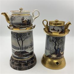 Two 19th century continental teapots and warmers, each teapot upon a cylindrical warming base in the form of a castle, hand printed with winter landscapes, largest H22cm 