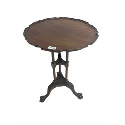 Georgian Chippendale design mahogany wine table, moulded pie crust top over triple pillar column, tripod cabriole base with acanthus leaf decoration and ball and claw feet