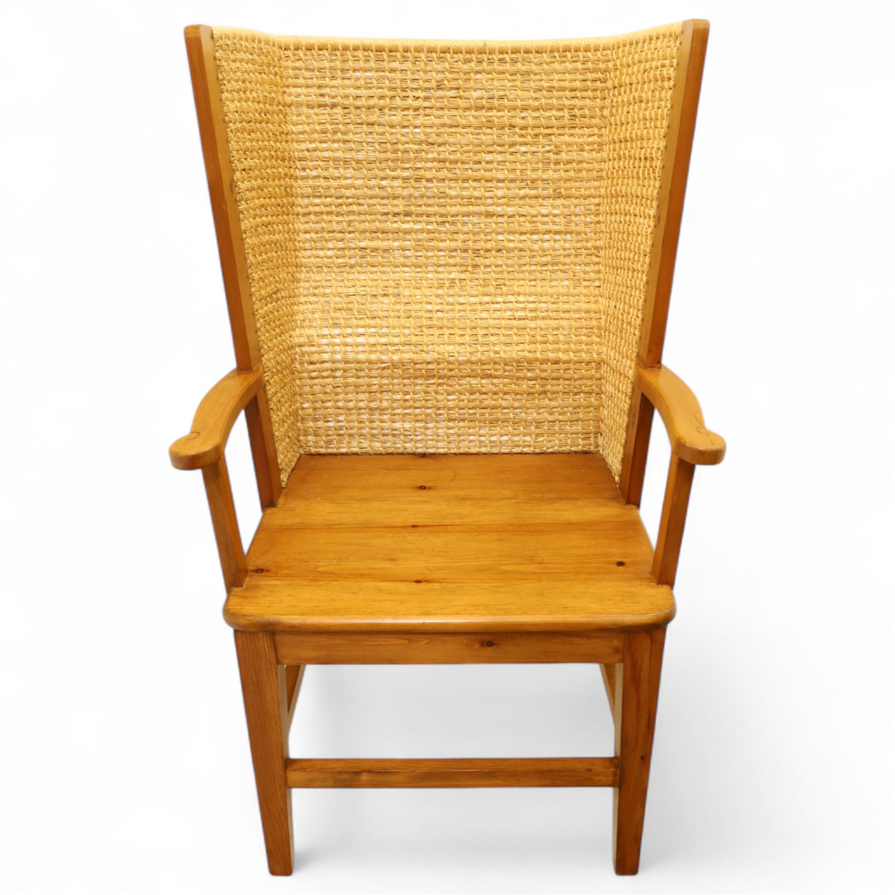 Pair of 20th century full-size pine Orkney chairs, high-back armchairs of traditional design, pegged and wedged construction, wrap-around backrest and sides, above scrolled out-swept arms and solid rounded pine seat, raised on square tapering legs united by stretchers, hand-signed ‘Jackie Miller’ and stamped ‘Orkney’
