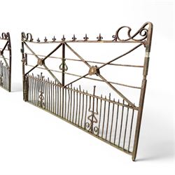 Impressive 19th century 9' wrought iron Country House gate, bar form with close rail base, X framed with central crests, scroll and spike top