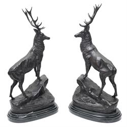 After Moignier - Pair of large bronze stags on marble bases H71cm