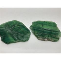 Pair of green fluorite slices, polished with rough edges, H16cm, L17cm  