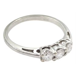 Platinum three stone round brilliant cut diamond ring, total diamond weight 0.55 carat, with International Gemmological Institute report