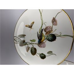 19th century Minton dessert service, comprising four comports, one tazza, and twelve plates, each hand painted with birds perched upon branches, and further detailed with insects and heightened in gilt, with printed retailers mark beneath for John Mortlock Oxford Street London, and impressed Minton mark to most, comport H13.5cm, plates D23.5cm. 

