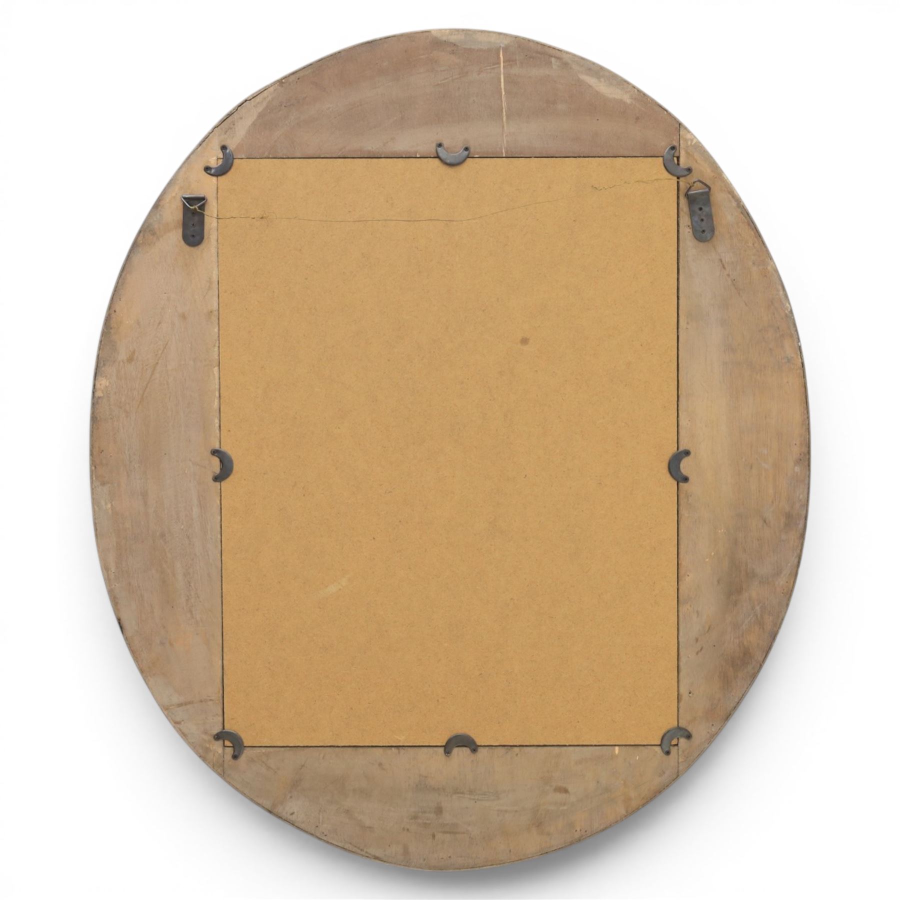 Rusticated driftwood wall mirror, of oval form, the mirror plate within a panelled driftwood frame, overall H83cm W70cm