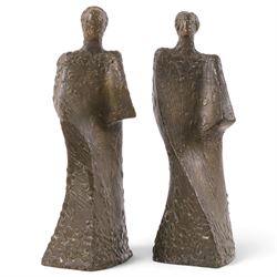 Manner of Antoinette Ruiter (Dutch 1946-) - pair of bronze sculptures depicting brutalist-...