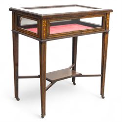 Edwardian rosewood bijouterie cabinet, the hinged rectangular top with line inlay enclosin...