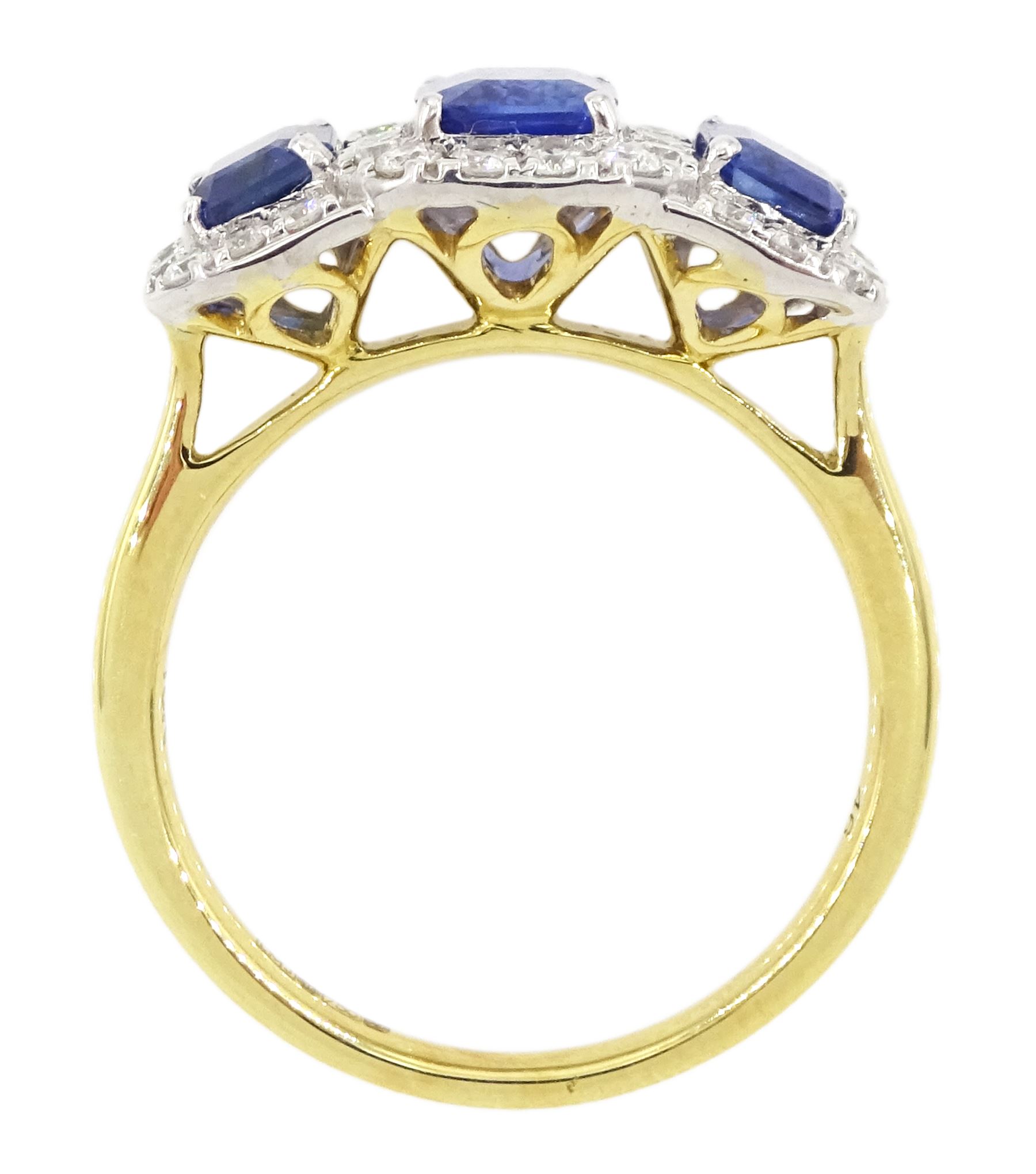 18ct gold sapphire and diamond cluster ring, three emerald cut sapphires, with round brilliant cut diamond surround, hallmarked, total sapphire weight approx 2.25 carat, total diamond weight approx 0.50 carat