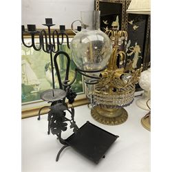 Soapstone table lamp, with carved floral stem, together with three other table lamps, metal candelabra and candlestick, Charles Burton Barber framed print and a Chinese table screen etc 