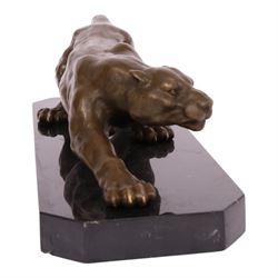 After Milo - bronze modelled as a crouching panther, upon a marble base, H14cm, L
40cm
