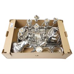 Silver plated items including four piece tea set, pair of candelabra, pair of candlesticks, sugar bowl and cream jug with silver spoon etc