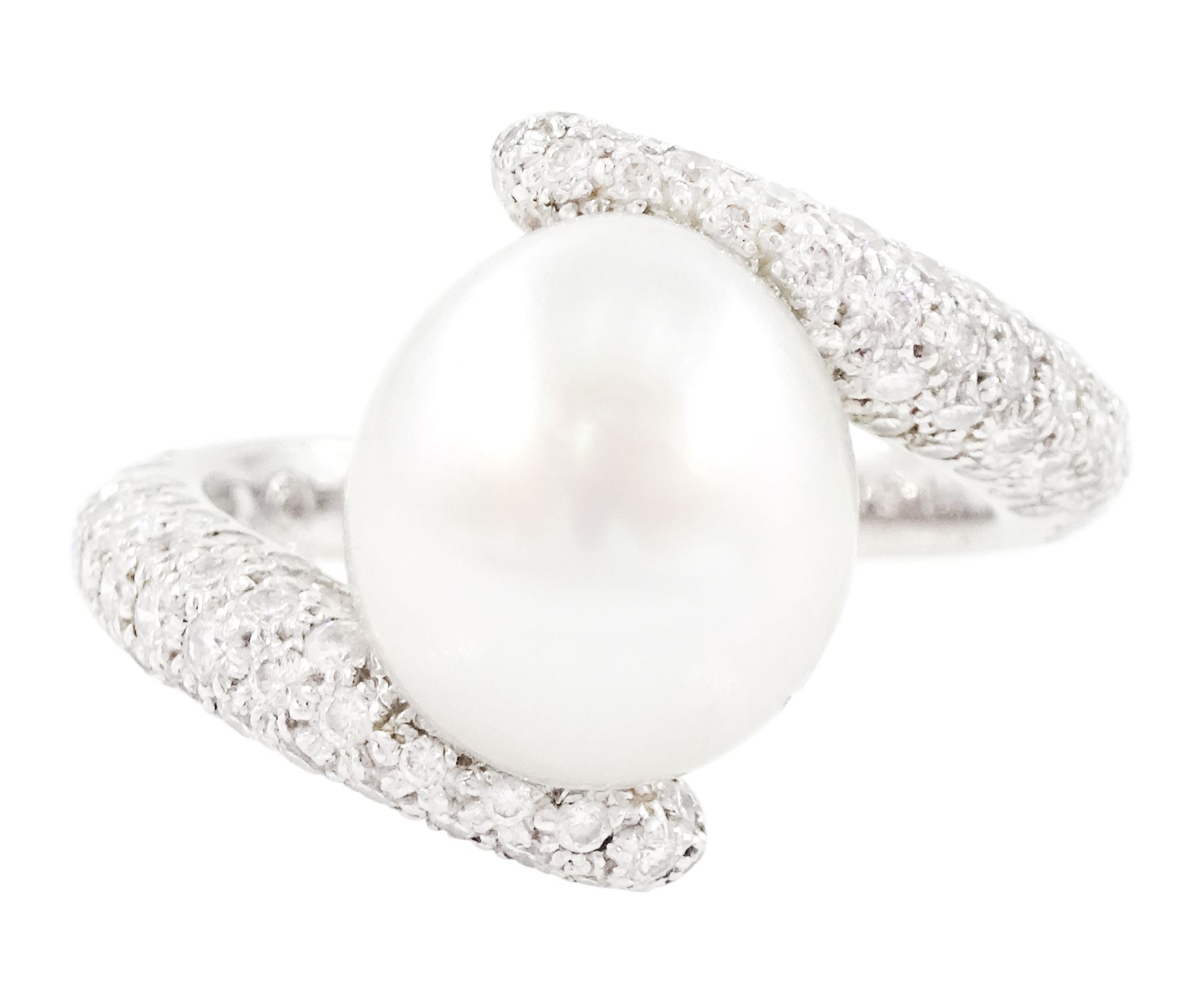 Chanel 18ct white gold pearl and diamond crossover ring, single cultured white / grey pearl, with pave set round brilliant cut diamond shoulders, hallmarked