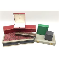 Collection of jewellery boxes including a vintage Boodle & Dunthorne bracelet box, two modern Boodles boxes, two Cartier Santos 701 sunglasses cases, one other Cartier box, Harrods cufflink/ring box and a Penlington & Batty necklace box (8)